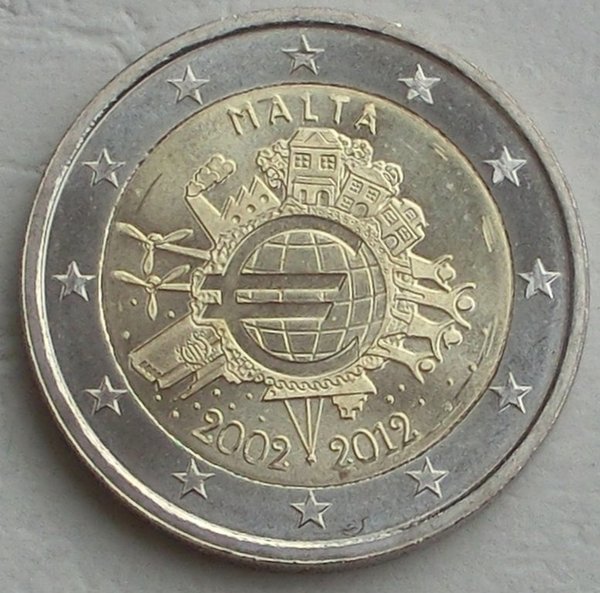 2 Euro Gedenkmünze Malta 2012 10 Jahre Euro unz.