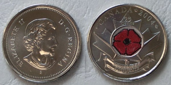 Kanada 25 Cents Gedenkmünze 2004 Remembrance Day in Farbe p510 unz.