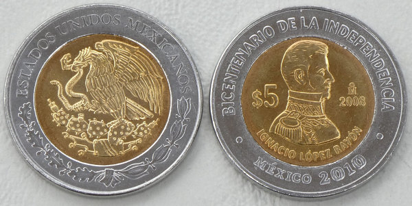 Mexiko 5 Pesos 2008 Unabhängigkeit: Ignacio Lopez Rayon p894 unz.