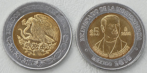 Mexiko 5 Pesos 2008 Unabhängigkeit: Mariano Matamoros p902 unz.