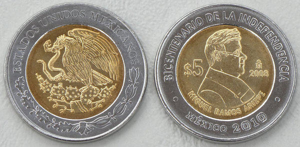 Mexiko 5 Pesos 2008 Unabhängigkeit: Miguel Ramos Arizpe p904 unz.