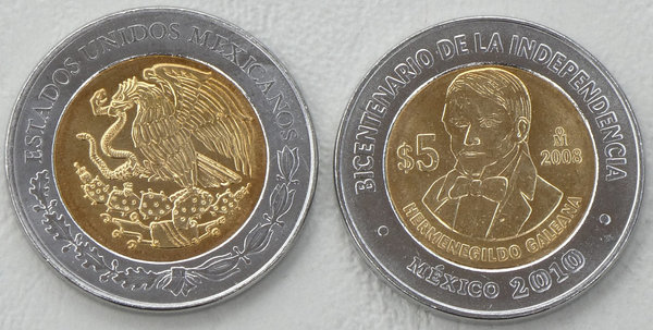 Mexiko 5 Pesos 2008 Unabhängigkeit: Hermenegildo Galeana p906 unz.