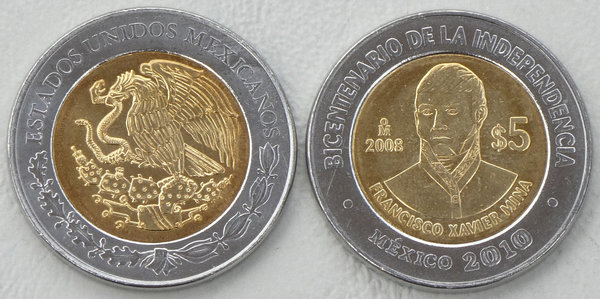 Mexiko 5 Pesos 2008 Unabhängigkeit: Francisco Xavier Mina p898 unz.