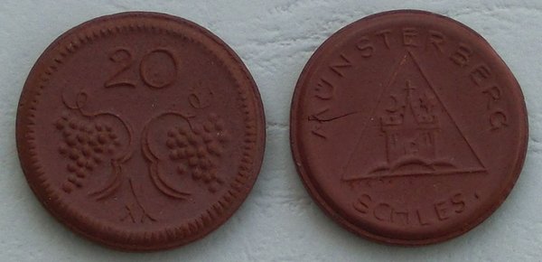Porzellanmünze Münsterberg 1921 20 Pfennig 196a