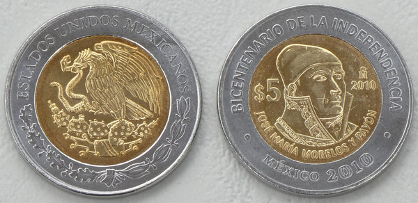 Mexiko 5 Pesos 2010 Unabhängigkeit: José Maria Morelos Y Pavón p923 unz