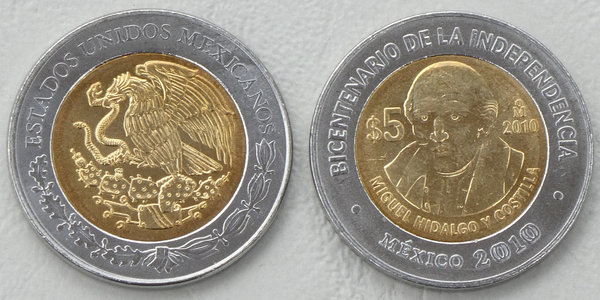 Mexiko 5 Pesos 2010 Unabhängigkeit: Miguel Hidalgo Y Costilla p920 unz.