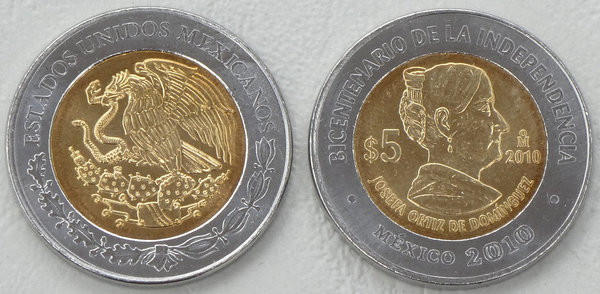 Mexiko 5 Pesos 2010 Unabhängigkeit: Josefa Ortiz de Dominguez p931 unz.
