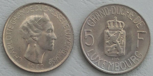 Luxemburg / Luxembourg 5 Francs Kursmünze 1962 p51 unz.