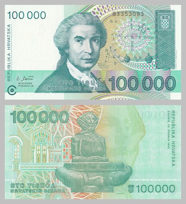Kroatien / Croatia 100000 Dinara 1993 p27a unz.