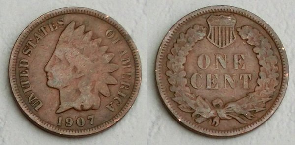 USA 1 Cent Kursmünze 1907 Indian Head p90a ss-vzgl