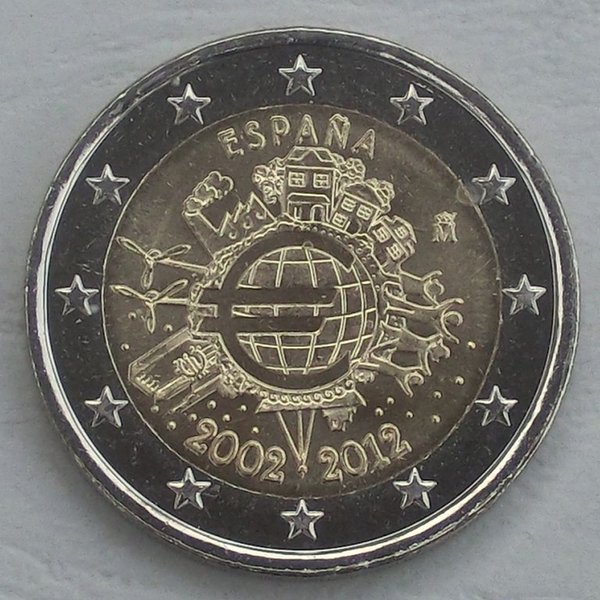 2 Euro Gedenkmünze Spanien 2012 10 Jahre Euro unz.