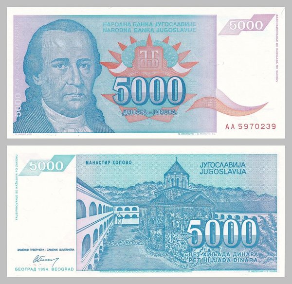Jugoslawien / Yugoslavia 5000 Dinara 1994 p141a unz.