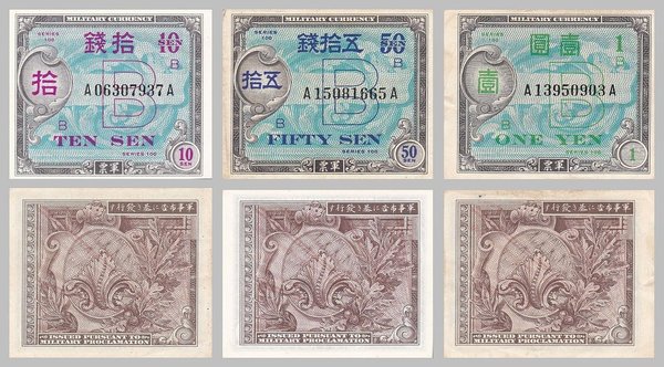 Japan 10,50 Sen, 1 Yen 1945 p63,65,67a vzgl