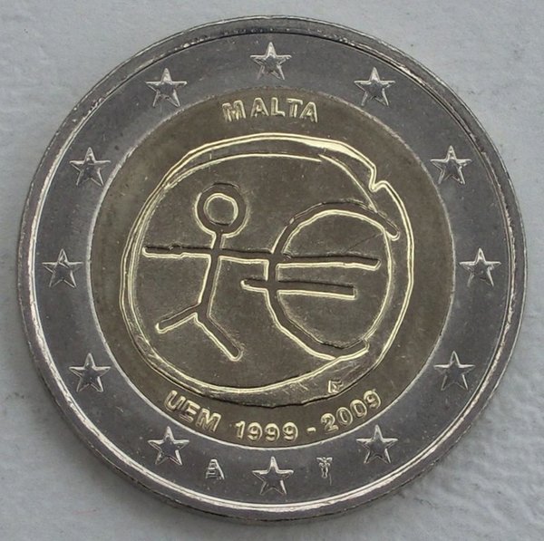2 Euro Gedenkmünze Malta 2009 10 Jahre WWU unz.