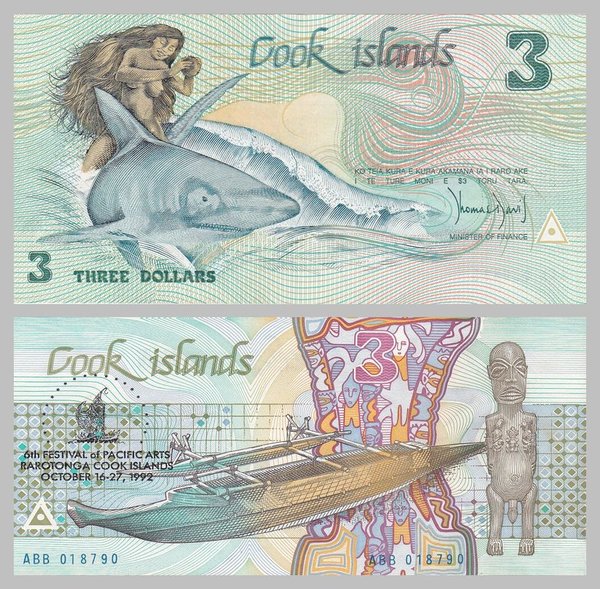 Cook Inseln 3 Dollars 1992 p6 unz.