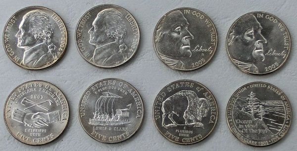 USA 4x5 Cents Jefferson 2004-2005 D Westward Journey Nickel unz.