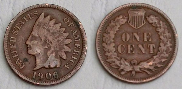 USA 1 Cent Kursmünze 1906 Indian Head p90a ss-vzgl
