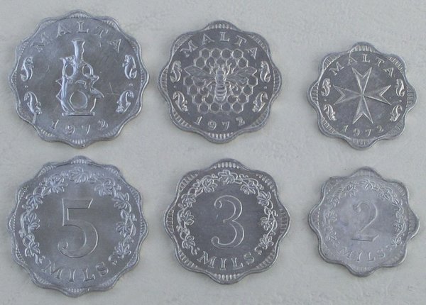 Malta 2 + 3 + 5  Mils Kursmünzen 1972 unz.