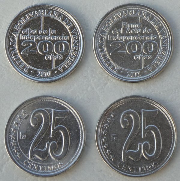 Venezuela 2x 25 Centimos Gedenkmünzen 2010 + 2011 Unabhängigkeit unz.