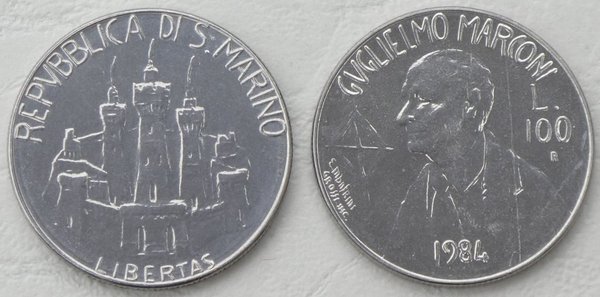 San Marino 100 Lire Gedenkmünze 1984 Marconi p165 unz