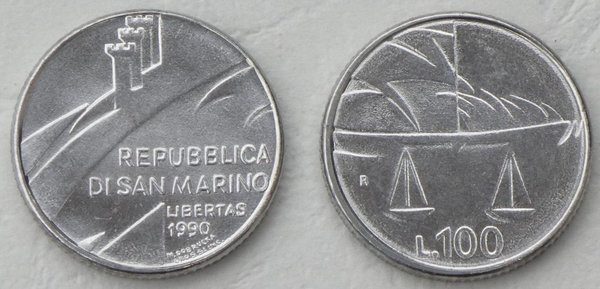 San Marino 100 Lire Gedenkmünze 1990 Waage p254 unz