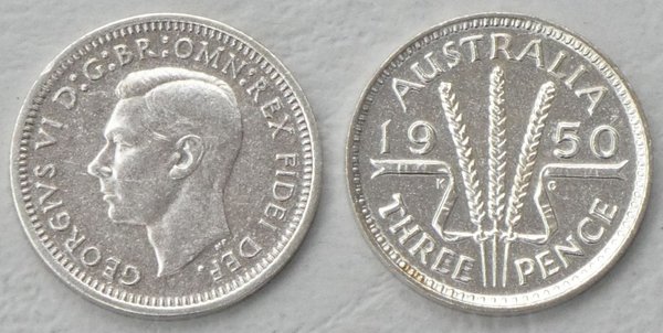 Australien 3 Pence Kursmünze 1949-1951 p44 vzgl-unz