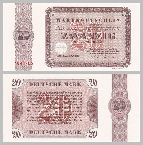 Deutschland Bethel Warengutschein 20 Deutsche Mark 1973 unz.