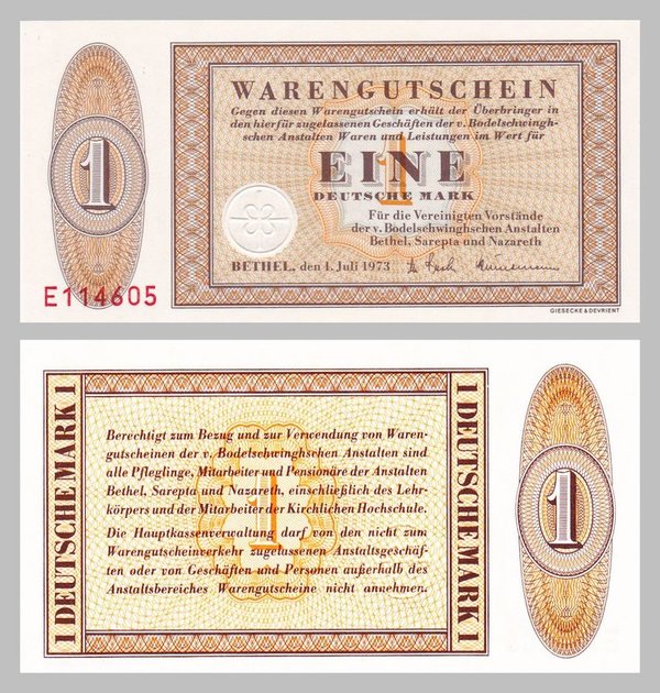 Deutschland Bethel Warengutschein 1 Deutsche Mark 1973 unz.