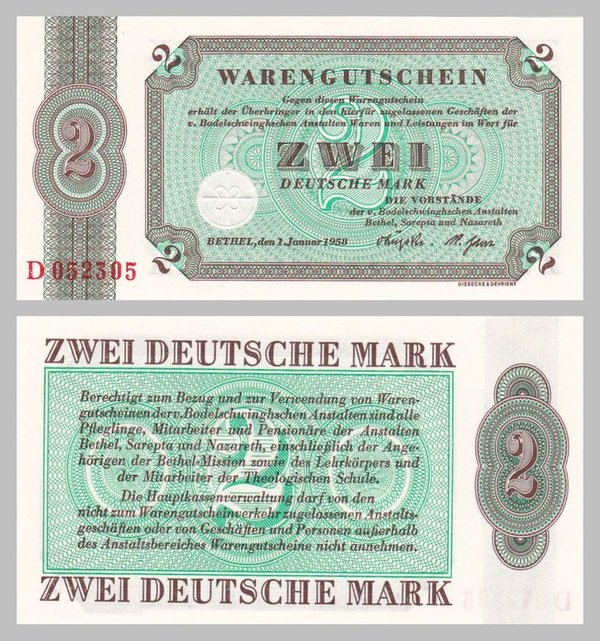 Deutschland Bethel Warengutschein 2 Deutsche Mark 1958 unz.