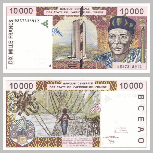 Westafrikanische Staaten - Elfenbeinküste 10000 Francs 1998 p114Ag vzgl.