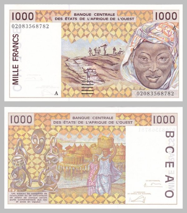 Westafrikanische Staaten - Elfenbeinküste 1000 Francs 2002 p111Ak unz.