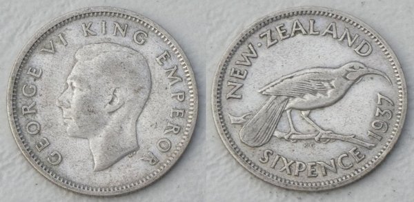 Neuseeland / New Zealand 6 Pence 1937 p8 ss / vf