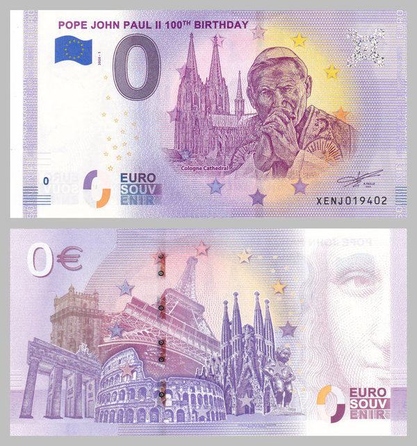 0 Euro Souvenirschein Pope John Paul II Jan Pawel II 100. Geburtstag 2020