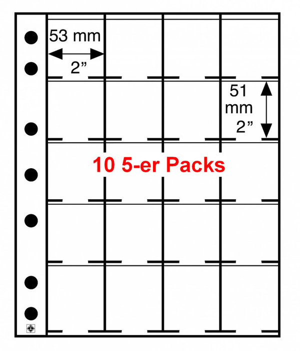 10x Leuchtturm Münzhüllen GRANDE 20 Fächer für Münzrähmchen 50mm 5er-Pack