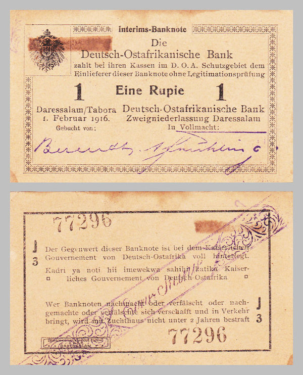 Deutsch Ostafrika / German East Africa 1 Rupie 1916 p20 Serie J3 ss-vz / vf-au