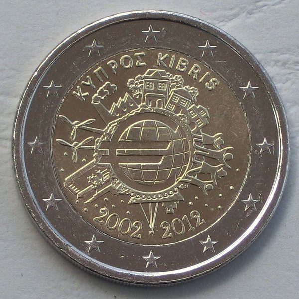 2 Euro Gedenkmünze Zypern 2012 10 Jahre Euro unz.
