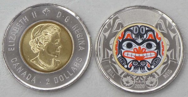 Kanada 2 Dollars Gedenkmünze 2020 Bill Reid in Farbe p2925.1 unz.