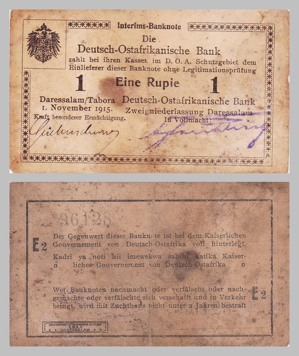 Deutsch Ostafrika / German East Africa 1 Rupie 1915 p9A Serie E2 s-ss / f-vf