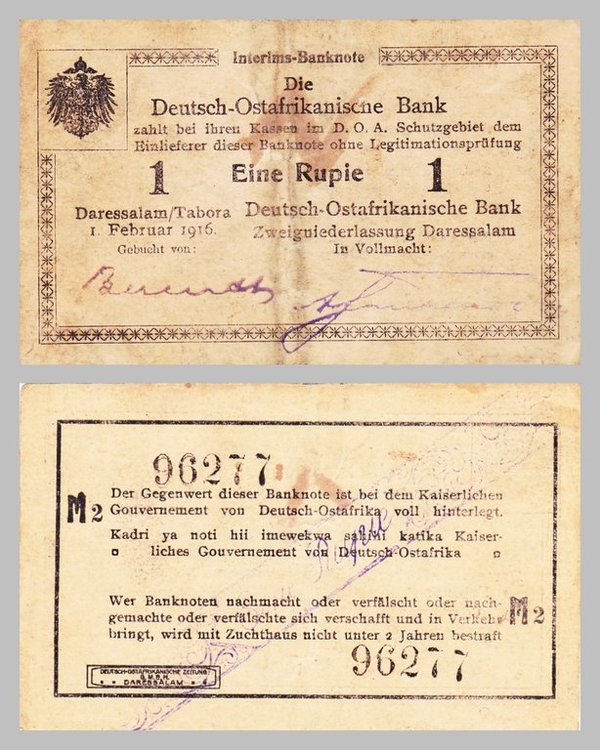 Deutsch Ostafrika / German East Africa 1 Rupie 1916 p19 Serie M2 vz / au