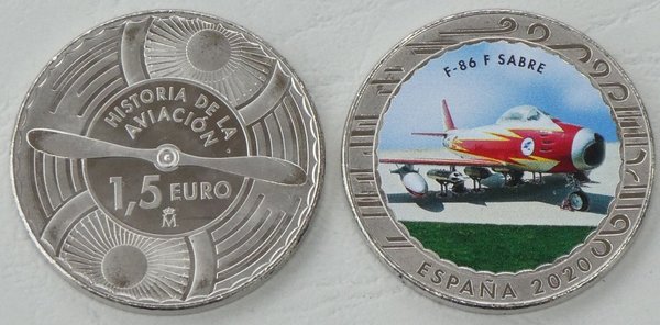 1,5 Euro Spanien 2020 Farbmünze North American F-86 F Sabre unz.