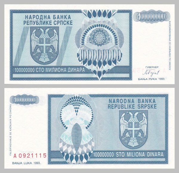 Bosnien und Herzegowina 100000000 Dinara 1993 p146a unz.