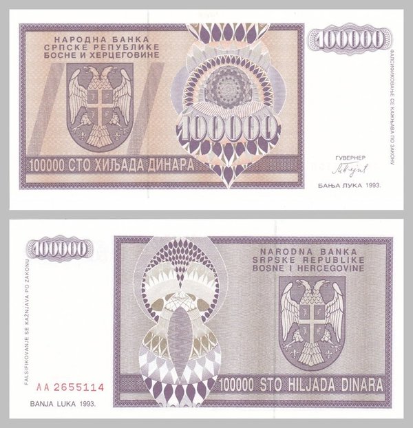 Bosnien und Herzegowina 100000 Dinara 1993 p141a unz.