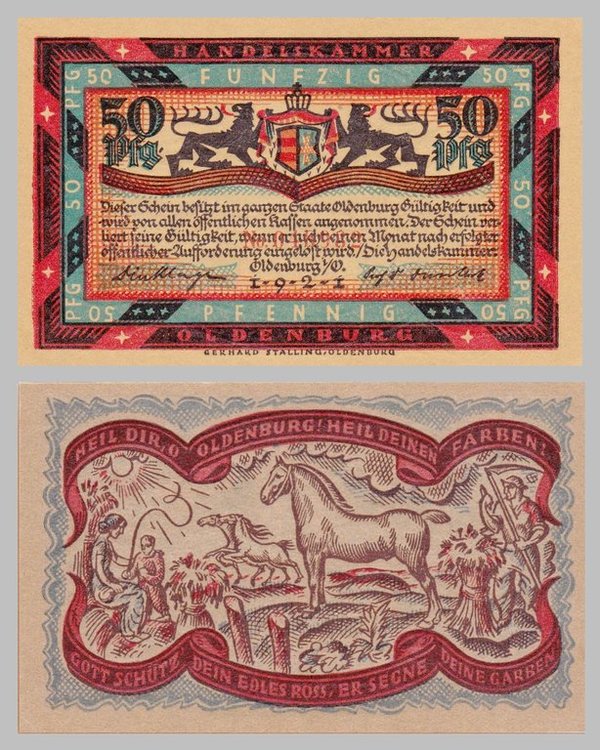Deutsches Reich 50 Pfennig Notgeld Oldenburg 1921 Bauern und Pferde p1017.1b unz