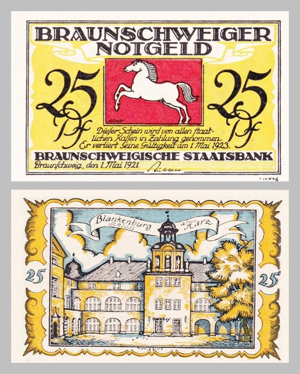 Deutsches Reich Braunschweig Notgeld 25 Pfennig 1921 Schloss Blankenburg unz