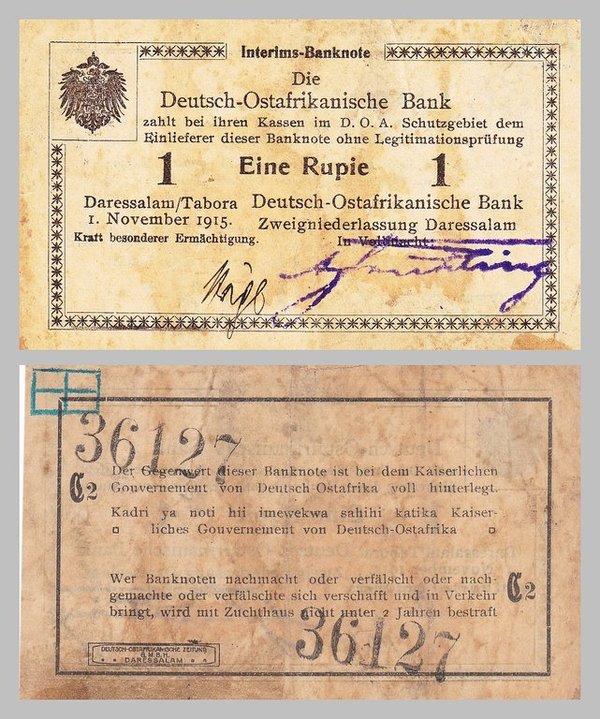 Deutsch Ostafrika / German East Africa 1 Rupie 1915 p9A Serie C2 s-ss / f-vf