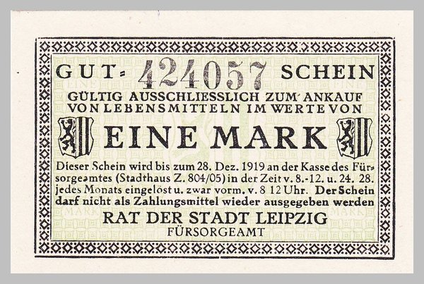 Deutsches Reich Leipzig Notgeld 1 Mark 1919 unz
