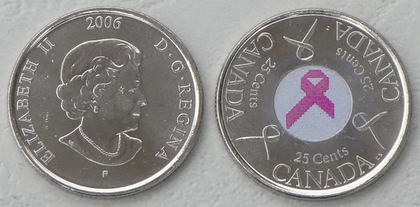 Kanada 25 Cents Gedenkmünze 2006 Rosa Schleife in Farbe p635 unz.