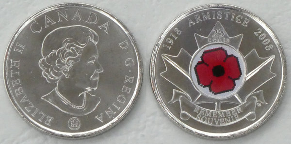 Kanada 25 Cents Gedenkmünze 2008 Waffenstillstand in Farbe p775 unz.