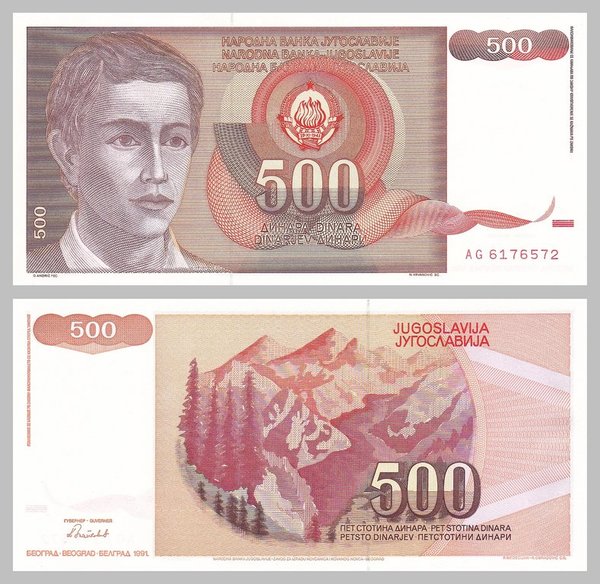 Jugoslawien 500 Dinara 1991 p109 unz.