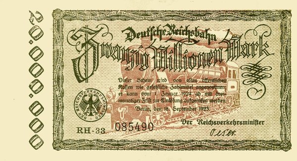 Deutsche Reichsbahn 20 Millionen Mark 1923 pS1015 RH-33 vzgl